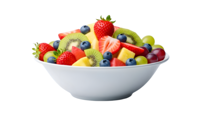Fresh fruit salad in a white bowl isolated on transparent background