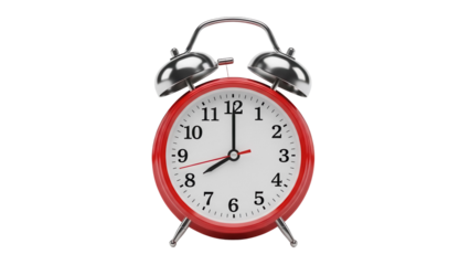 Red alarm clock PNG isolated on transparent background, classic twin bell design showing eight o clock for time management and deadlines