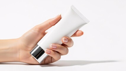 Hand holding a white electronic device with a touchscreen