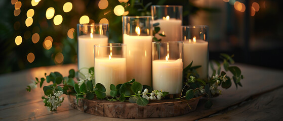 A cinematic, low-light still life composition in wide aspect ratio showing glowing white pillar candles on a rustic wood base, partially enclosed in g