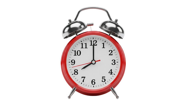 Red alarm clock PNG isolated on transparent background, classic twin bell design showing eight o clock for time management and deadlines