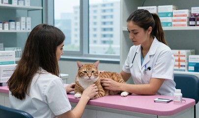 Vet examines ginger cat on exam table in pharmacy, surrounded by shelves of medications.