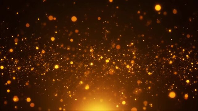 Abstract digital rendering of brilliant golden dust particles rising and scattering dramatically from a central light flare against a dark background, generating bokeh.
