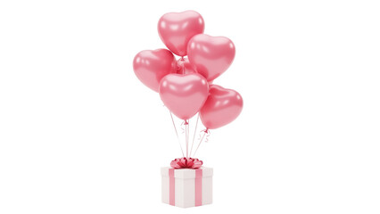 Pink heart balloons with gift box isolated PNG, romantic present for Valentine s Day and birthday on transparent background © Dan