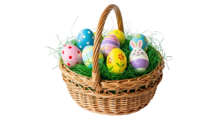 Wicker basket filled with colorful decorated Easter eggs and green grass on black background decorated eggs