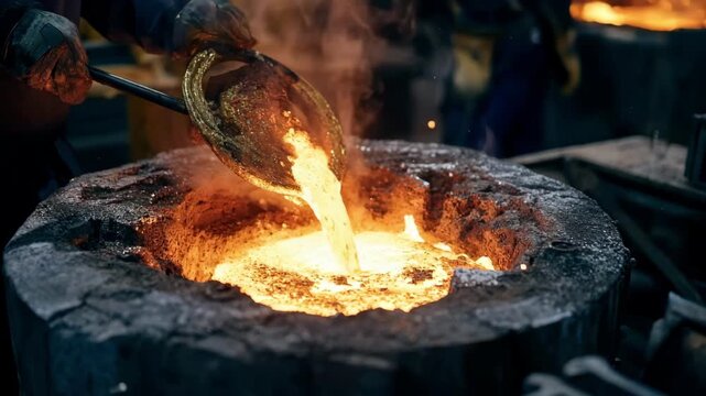 Industrial worker carefully mixing molten metals in a large crucible demonstrating the precision required for crafting corrosionresistant nickel alloys.