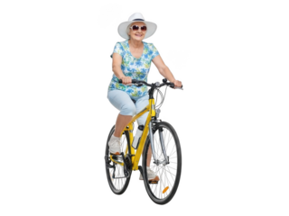 Woman enjoying a bike ride on a sunny day isolated on transparent background