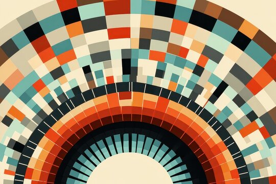 Abstract Concentric Circles of Teal Orange and Beige Squares Background Art Deco Style Design with Rounded Geometric Arrangement - Powered by Adobe