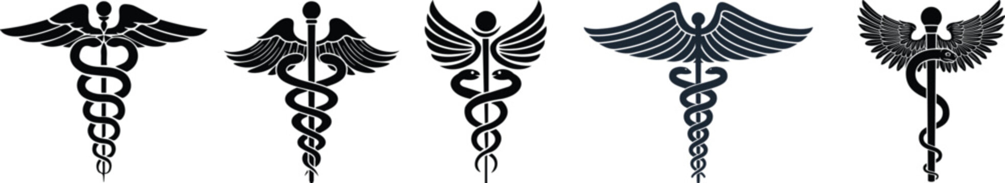 Caduceus symbol vector illustration, black silhouette icon set, medical staff with serpents, healthcare emblem design, wings and snake graphic, isolated sketch