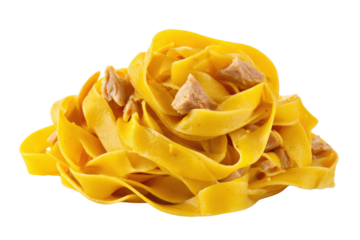 Yellow ribbon pasta with chunks of cooked meat on black background fettuccine tagliatelle
