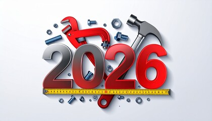 Modern 2026 New Year concept with tools and hardware