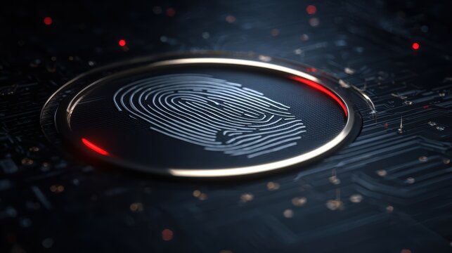 Cybersecurity Fingerprint: A close-up view of a fingerprint embedded within a secure circuit board, radiating with a sense of security and technological advancement. - Powered by Adobe