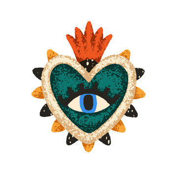 Heart symbol with esoteric watching eye and crown in Mexico ethnic folk style. Mexican corazon icon with sacred ornament. Mystic Valentine. Flat vector illustration isolated on white background