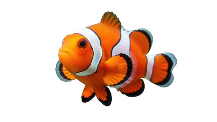Orange clownfish PNG isolated on transparent background, vibrant tropical reef fish with distinctive white stripes for marine life designs