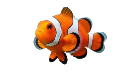 Orange clownfish PNG isolated on transparent background, vibrant tropical reef fish with distinctive white stripes for marine life designs