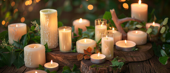 A low-angle cinematic still life of pillar candles arranged on a rustic wood base, some protected by transparent glass cylinders, surrounded by natura