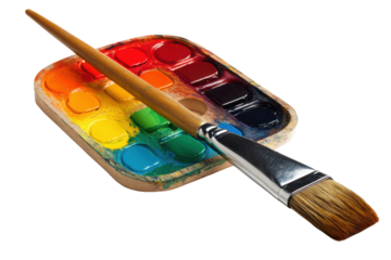 Wooden watercolor paint palette with colorful paints and artist brush brushes canvas