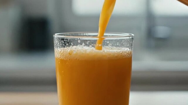 Fresh Orange Juice Pouring Into Clear Glass Close Up 4k Ai Video
