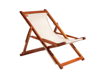 Wooden deck chair with white canvas seat on black background deckchair