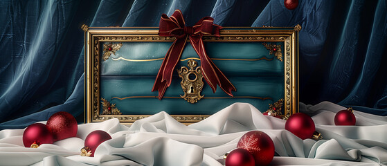 A luxury holiday still life captured in a medium shot, featuring an ornate rectangular treasure chest painted deep teal, framed with intricate gold de
