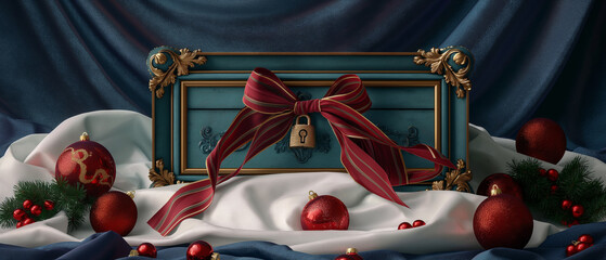 A luxury holiday still life captured in a medium shot, featuring an ornate rectangular treasure chest painted deep teal, framed with intricate gold de