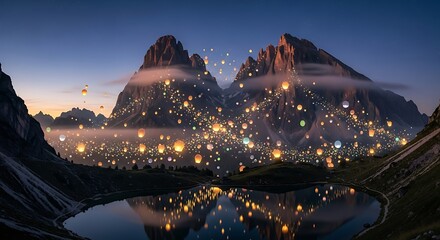 Mountain landscape at dusk with floating lanterns and tranquil lake scene