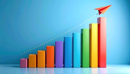 A graph that illustrates the concept of business success and growth, with a rising bar chart. A paper airplane flying above the graph represents the ambition and pursuit of achievement