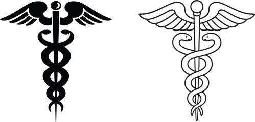 Caduceus symbol vector illustration, black silhouette icon set, medical staff with serpents, healthcare emblem design, wings and snake graphic, isolated sketch