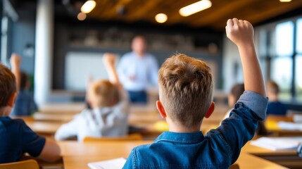 Engaged Students Raising Hands in Classroom Interaction with Teacher Moment
