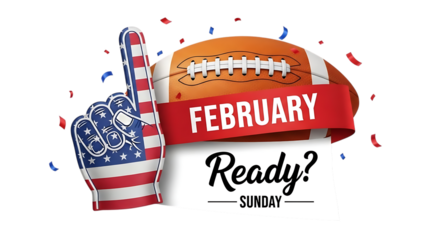 American football themed illustration with glove and confetti for super bowl sunday in february isolated on transparent background