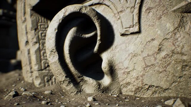 Stone carved ear with ancient pattern and texture in sandy setting, mystery and history concept.