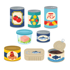 A vibrant vector set displays an assortment of preserved foods, featuring colorful tins of tomatoes, fruit, Japanese bread, and fish, including one opened can