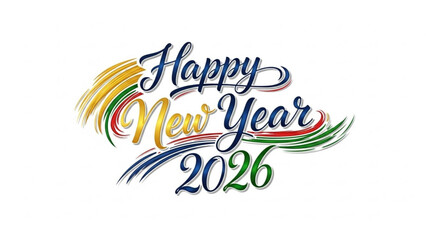 Happy new year 2026 greeting card with colorful swirling lines and elegant script font on white