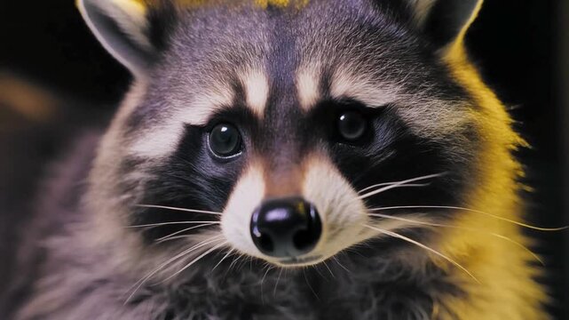 Ultra HD raccoon face close-up with a sharp striped mask and glossy eyes, cinematic night lighting, 4k.