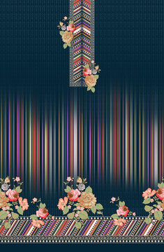 Deep teal kurti with subtle jacquard texture, multicolor vertical stripes, chevron neck and border, finished with clustered peach and pink florals for a rich festive statement look.