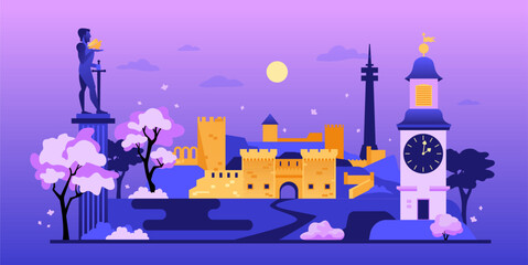 Belgrade and Petrovaradin - colorful flat design illustration