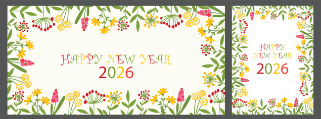 Elegant 2026 Happy New Year floral vector card and banner with hand drawn leave, flower and botanical frame. Trendy organic design perfect for greetings, invitation, poster, branding and festive decor © Jonal
