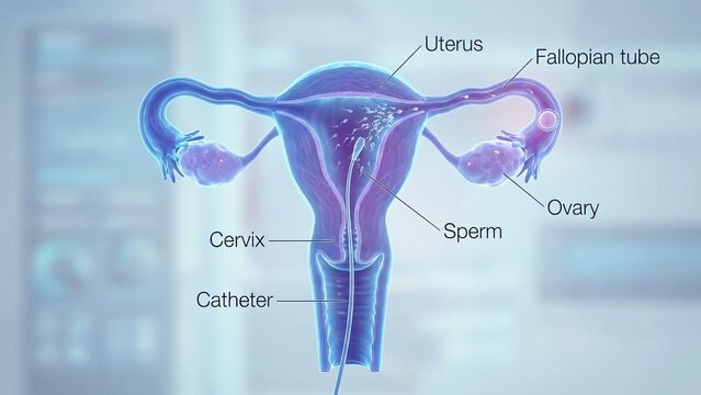 Uterus with marked anatomy undergoing an artificial insemination medical procedure, illustrating a catheter introducing sperm for fertility treatment and reproductive health