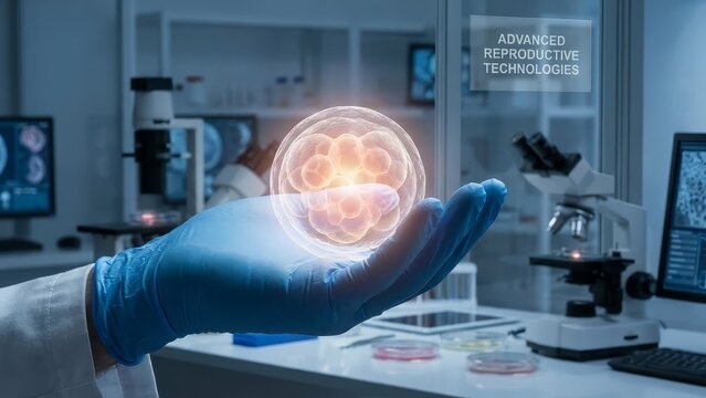 Scientist in lab coat and surgical gloves holding a conceptual glowing embryo on a petri dish, symbolizing genetic research, fertility treatment, and advanced reproductive technology - Powered by Adobe