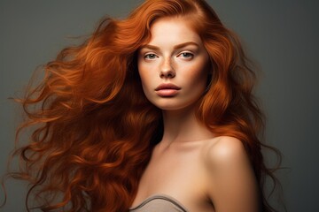 Fototapeta premium Redhead woman with freckles posing for a portrait against a grey background