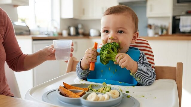 Cheerful infant boy in high chair at home kitchen enjoying messy self-feeding of broccoli, carrot, sweet potato, banana and avocado while parent offers a cup of water