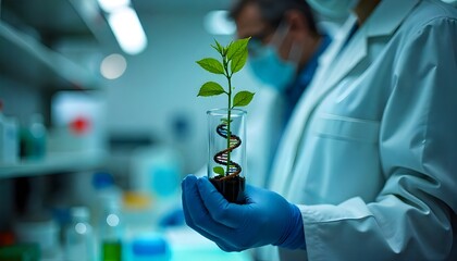 Scientist used biotechnology, ai technology, and dna plant in tube of scientific lab for medical research and Plant genetics development in Food industry. science chemistry in laboratory 