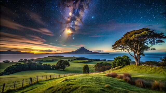 Dramatic Low Light Farmland, Whangaparaoa Peninsula, Hauraki Gulf, Rangitoto Volcano