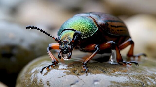 Detailed close-up of a vibrant green and brown beetle perched on a wet rock, surrounded by smooth gray stones. Focus on nature's intricate details.