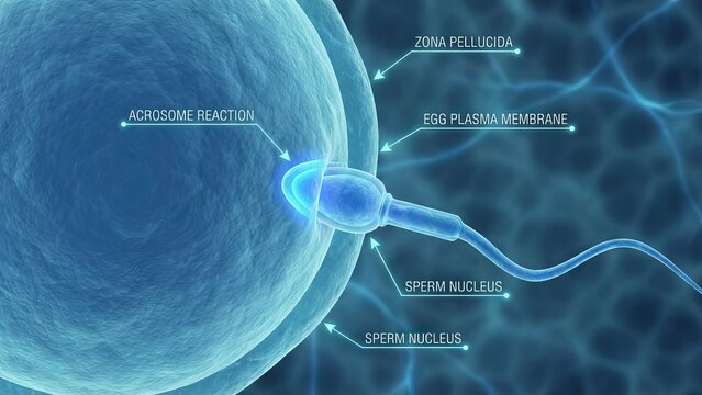 Sperm cell releasing enzymes, undergoing an acrosome reaction, and fusing with the zona pellucida of a human egg, illustrating the initial stage of fertilization for reproduction and conception