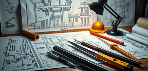 Architectural blueprints, drawing tools, mining lamp illuminate construction project sketches on desk,   lightbulb,  project
