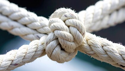 Close-up of a tightly knotted rope, symbolizing connection, strength, and security. The knot is the focal point, with the rope strands interlaced. It evokes feelings of dependability and stability