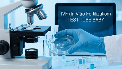 Healthcare professionals in scrubs and masks perform ivf in a lab, using a microscope and digital display to observe fertilization and manipulate eggs for assisted reproduction research and care