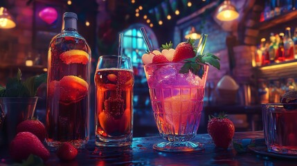 Colorful cocktails on a vibrant bar counter.