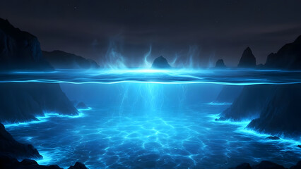 Glowing blue energy emanates from a mystical ocean surrounded by rocky cliffs at dusk from an aerial viewpoint